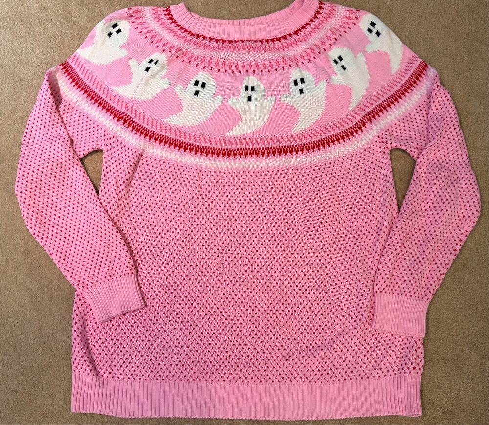 ModCloth Pink Ghost Halloween Sweater Womens 1X Spooky Fair Isle Pullover Top
